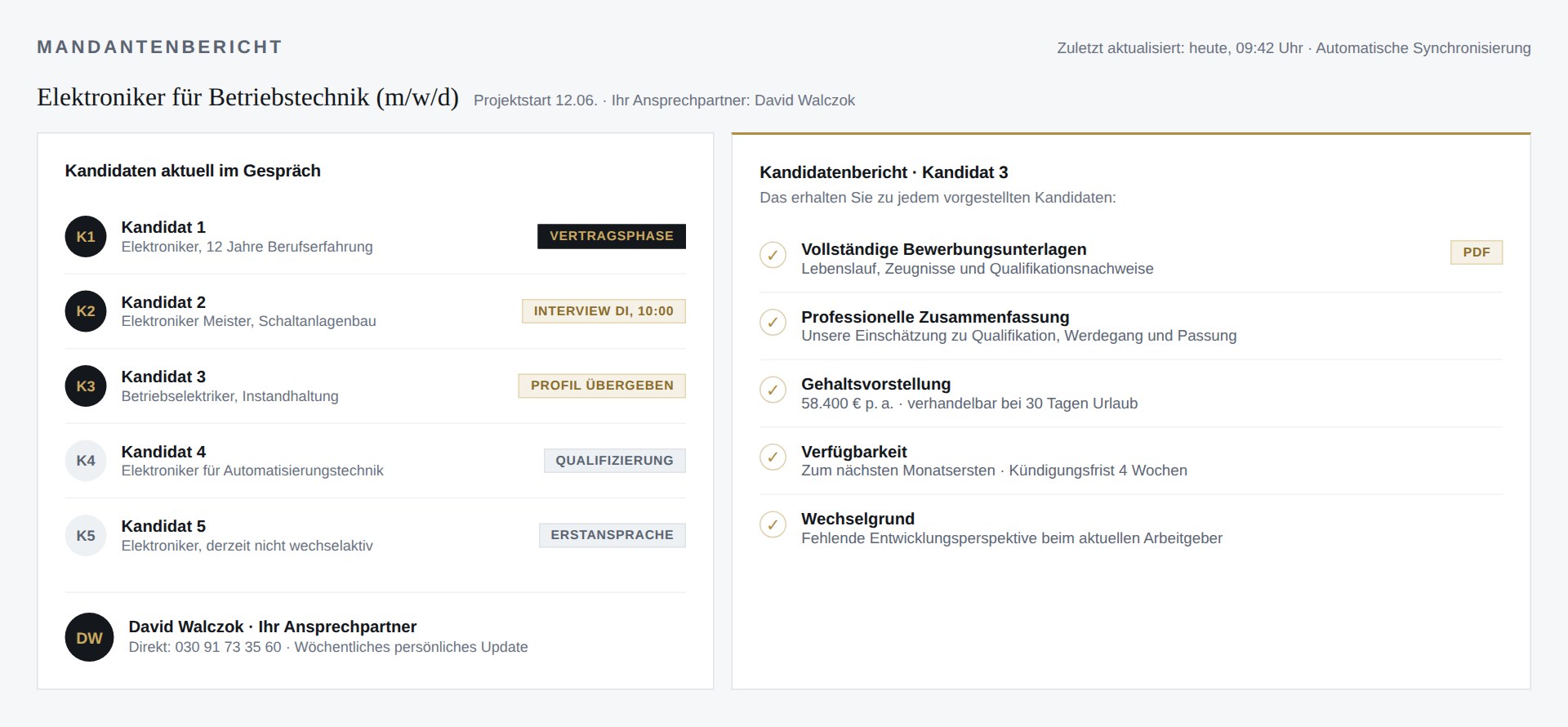 Mandantenbericht: Kandidaten im Gespräch mit Status sowie Kandidatenbericht mit Bewerbungsunterlagen, Gehaltsvorstellung, Verfügbarkeit und Wechselgrund
